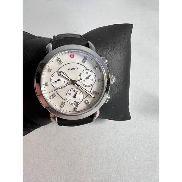 Michele Women’s Black Leather Straps White Analog Chrono Dial Swiss Made Wristwa - Picture 2 of 4